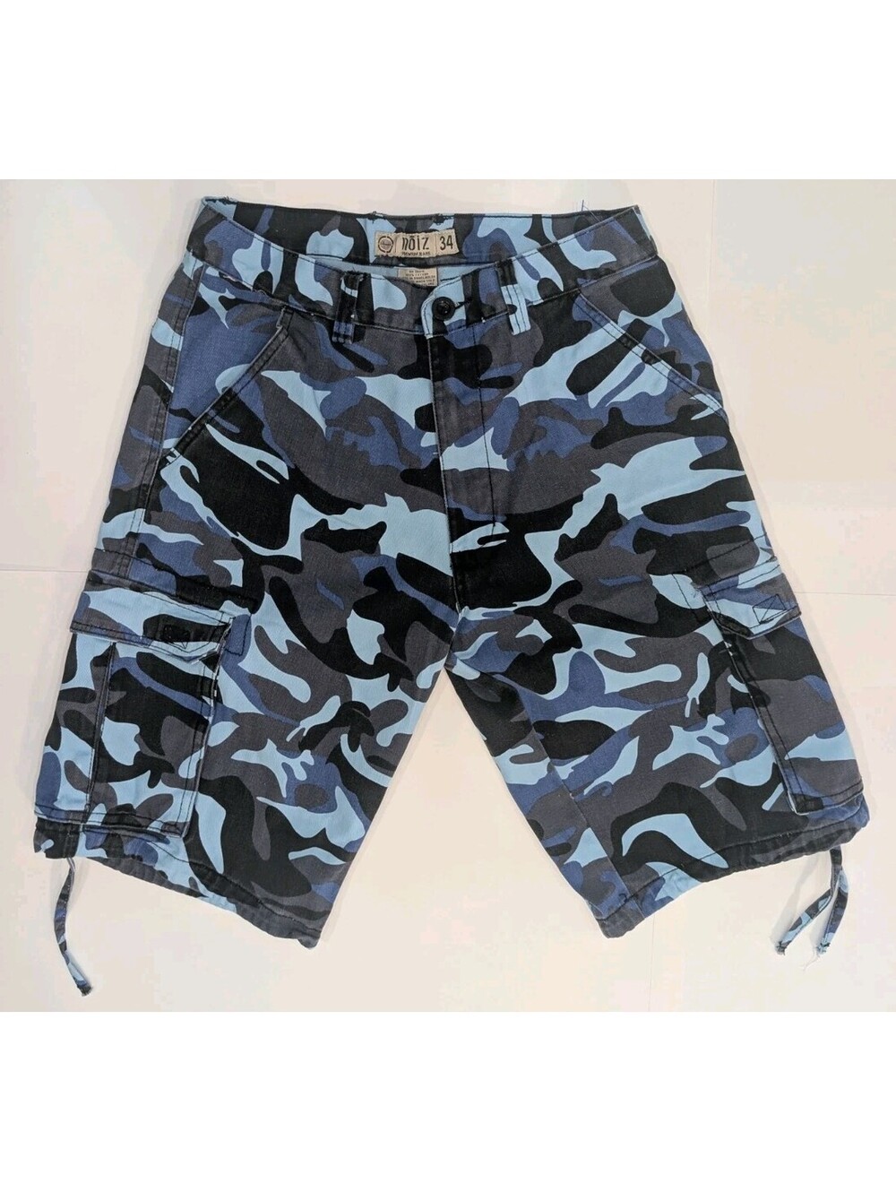 VTG Noiz Premium Jeans Blue Camo Cargo Shorts Baggy Grunge Skater Y2K Mens 34